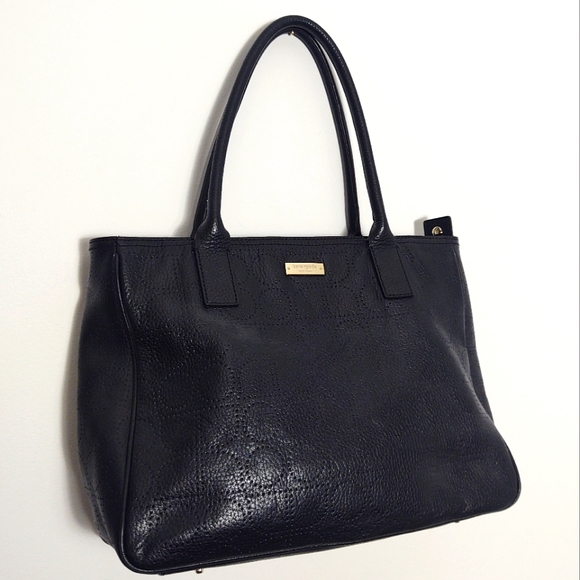 kate spade Handbags - Kate Spade Perforated Black Leather Tote Green Lining